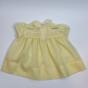VTG 80s Smocked Dress Baby 0-3M Embroidered Floral Collared Lace Butter Yellow